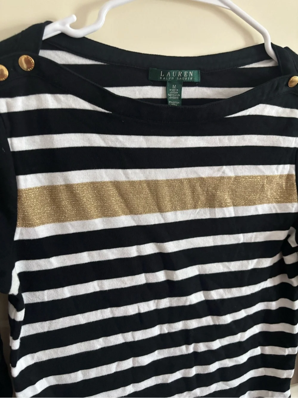 Ralph Lauren Black & White Striped Long Sleeve Top with Gold Accent